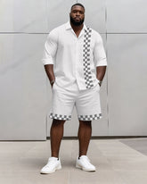 Big & Tall Men's Business Plaid Striped Print Long Sleeve Shirt Shorts Set